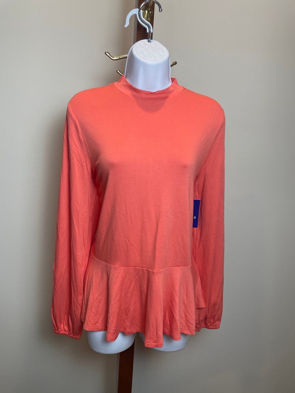 APT. 9 Top Size M Coral Orange Lightweight Knit Tunic Mock Neck Ruffle Hem NWT